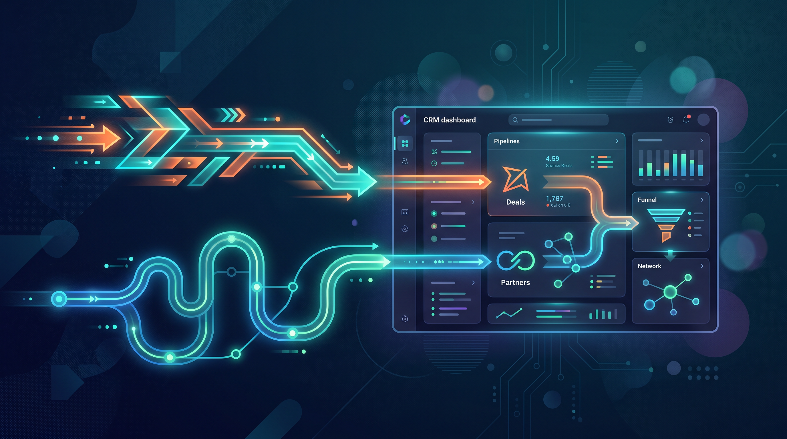 Illustration of two separate pipelines, one for sales deals and one for partner relationships, both flowing into a CRM dashboard.
